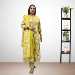 SRIIVA Women Pure Cotton Anarkali Kurta Pant Dupatta Set (Olive Green) - Thumbnail 3