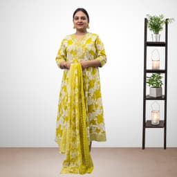 SRIIVA Women Pure Cotton Anarkali Kurta Pant Dupatta Set (Olive Green) - Thumbnail 2