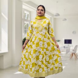 SRIIVA Women Pure Cotton Anarkali Kurta Pant Dupatta Set (Olive Green) - Thumbnail 1