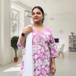 SRIIVA Women Pure Cotton Anarkali Kurta Pant Dupatta Set (Pink) - Thumbnail 2