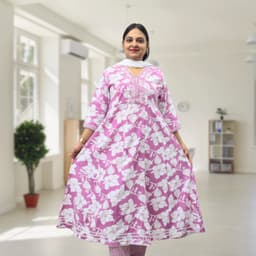 SRIIVA Women Pure Cotton Anarkali Kurta Pant Dupatta Set (Pink) - Thumbnail 1