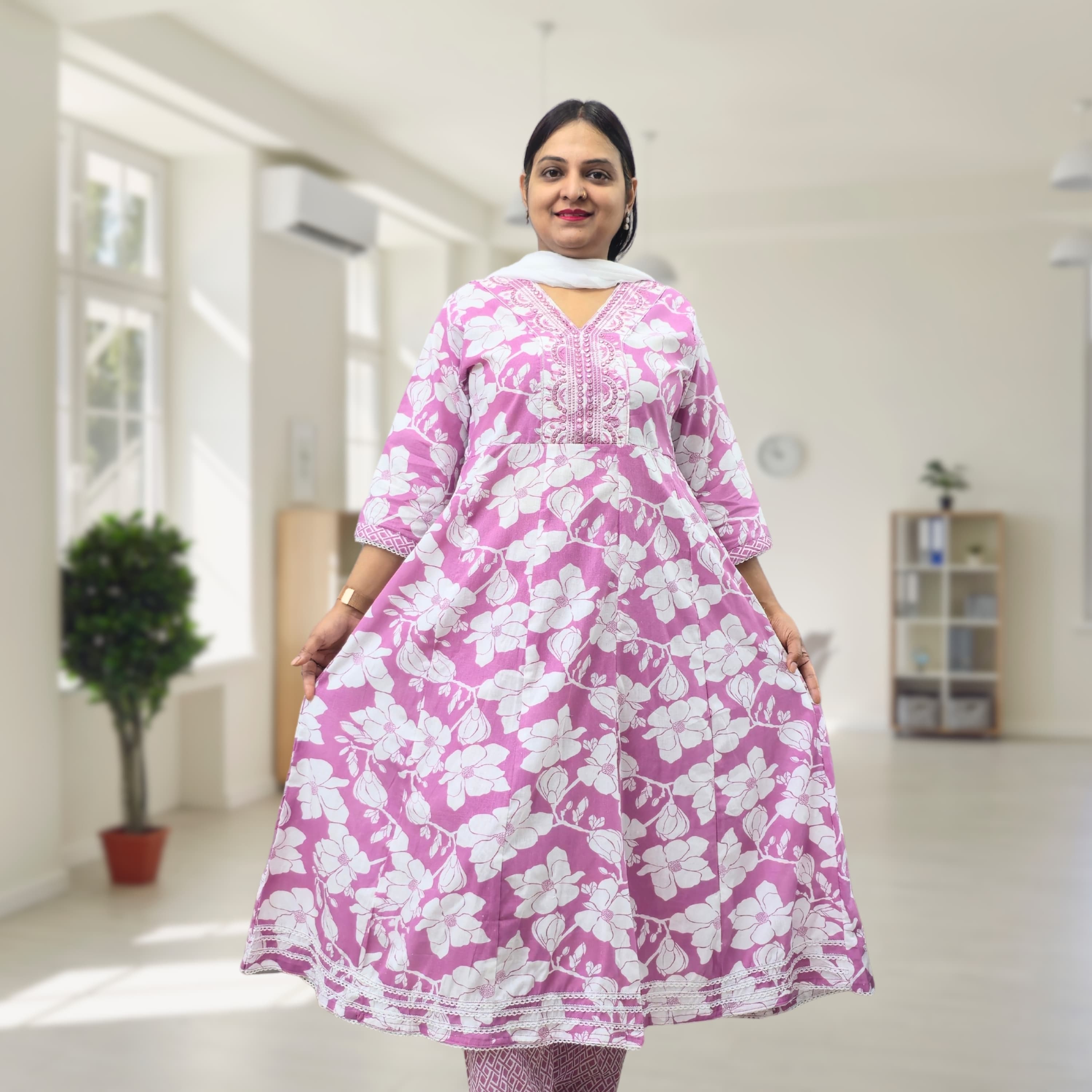 SRIIVA Women Pure Cotton Anarkali Kurta Pant Dupatta Set (Pink)