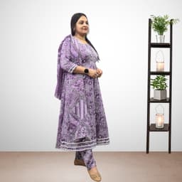 SRIIVA Women Pure Cotton Anarkali Kurta Pant Dupatta Set (Purple) - Thumbnail 2
