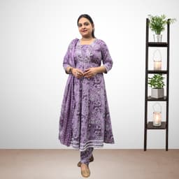 SRIIVA Women Pure Cotton Anarkali Kurta Pant Dupatta Set (Purple) - Thumbnail 3