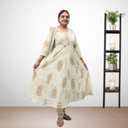 SRIIVA Women Pure Cotton Anarkali Kurta Pant Dupatta Set (White) - Thumbnail 1