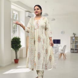 SRIIVA Women Pure Cotton Anarkali Kurta Pant Dupatta Set (White) - Thumbnail 2