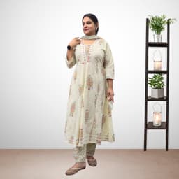 SRIIVA Women Pure Cotton Anarkali Kurta Pant Dupatta Set (White) - Thumbnail 3