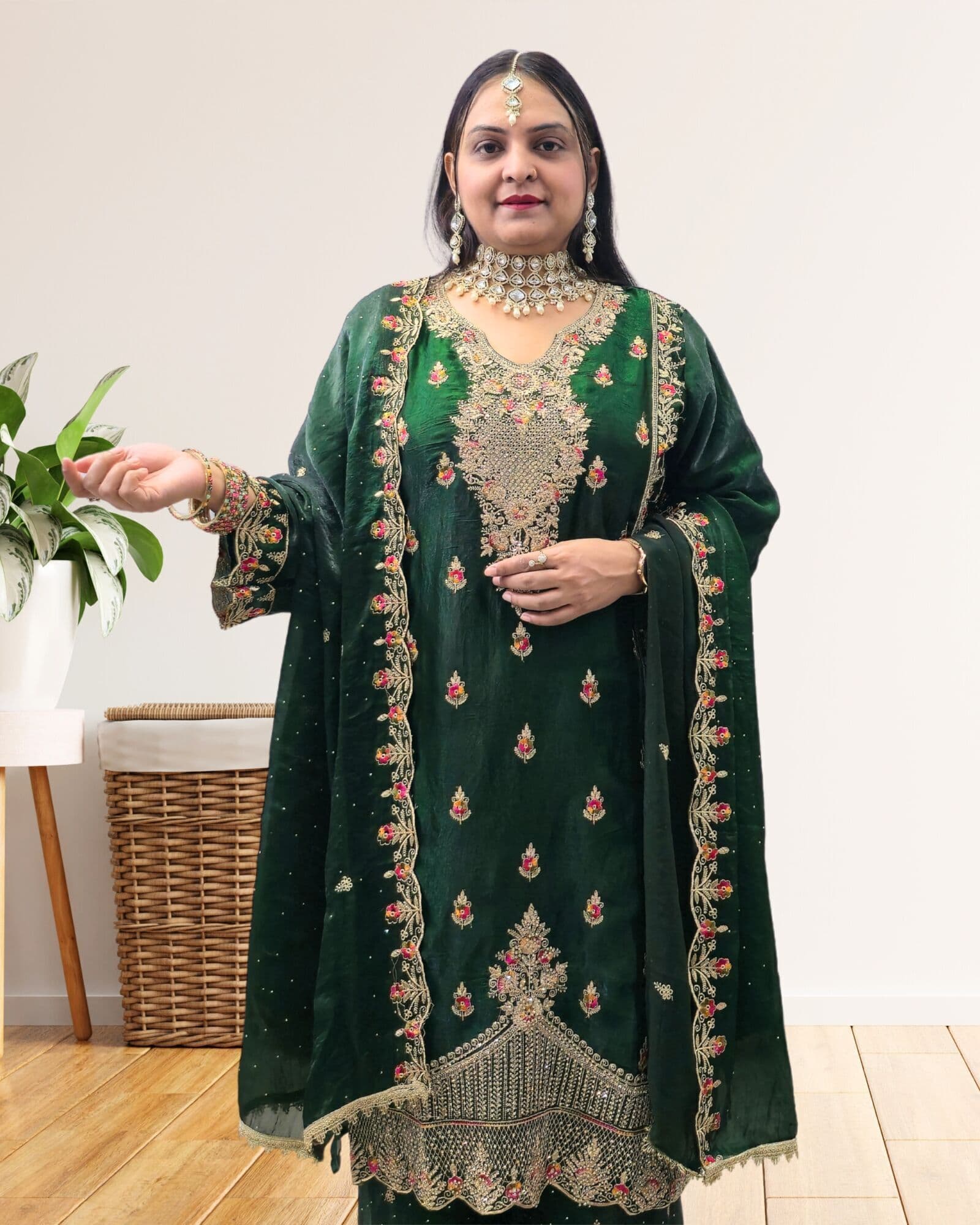 SRIIVA Women Silk Blend Kurta Palazzo Dupatta Set (Dark Green)