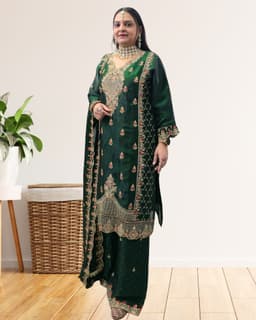 SRIIVA Women Silk Blend Kurta Palazzo Dupatta Set (Dark Green) - Thumbnail 2