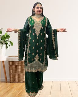 SRIIVA Women Silk Blend Kurta Palazzo Dupatta Set (Dark Green) - Thumbnail 4