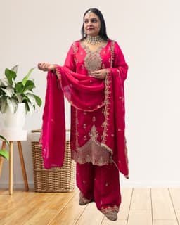 SRIIVA Women Silk Blend Kurta Palazzo Dupatta Set - Thumbnail 2