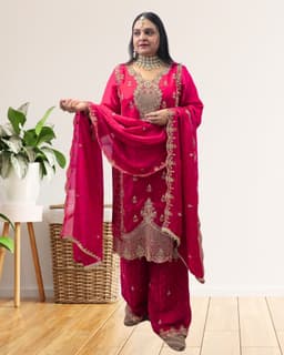 SRIIVA Women Silk Blend Kurta Palazzo Dupatta Set - Thumbnail 3