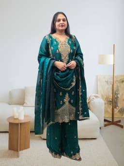 SRIIVA Women Silk Blend Kurta Palazzo Dupatta Set - Thumbnail 3