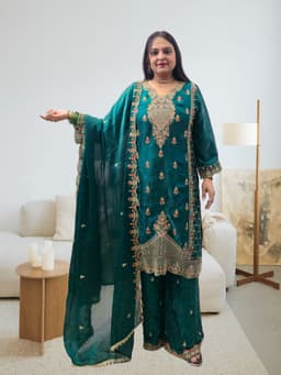 SRIIVA Women Silk Blend Kurta Palazzo Dupatta Set - Thumbnail 2