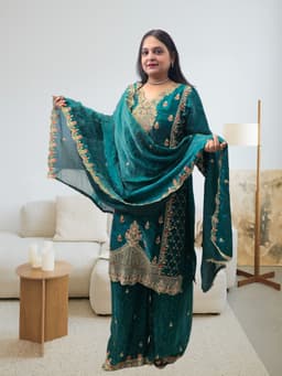 SRIIVA Women Silk Blend Kurta Palazzo Dupatta Set - Thumbnail 5