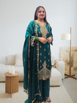 SRIIVA Women Silk Blend Kurta Palazzo Dupatta Set - Thumbnail 4