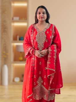 SRIIVA Women Silk Blend Kurta Palazzo Dupatta Set - Thumbnail 1