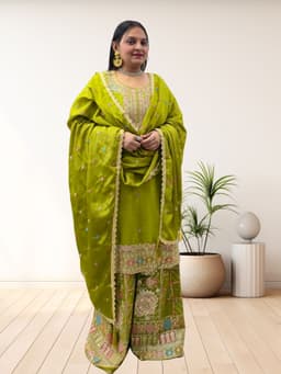 SRIIVA Women Pure Silk Kurta Sharara Dupatta Set (Apple Green) - Thumbnail 2