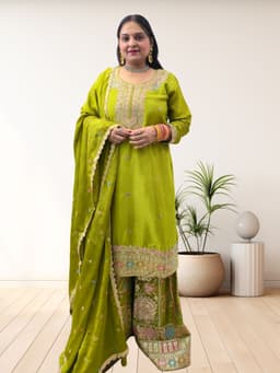 SRIIVA Women Pure Silk Kurta Sharara Dupatta Set (Apple Green) - Thumbnail 4