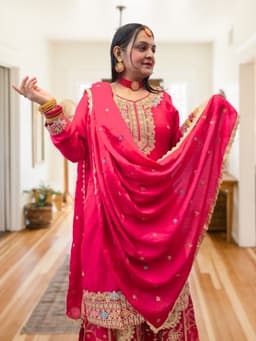 SRIIVA Women Pure Silk Kurta Sharara Dupatta Set (Rani Pink) - Thumbnail 1