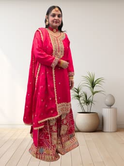 SRIIVA Women Pure Silk Kurta Sharara Dupatta Set (Rani Pink) - Thumbnail 6