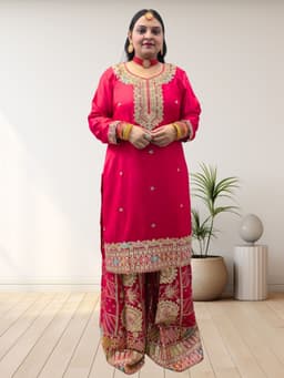 SRIIVA Women Pure Silk Kurta Sharara Dupatta Set (Rani Pink) - Thumbnail 3