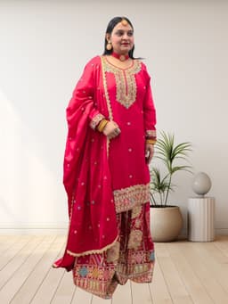 SRIIVA Women Pure Silk Kurta Sharara Dupatta Set (Rani Pink) - Thumbnail 4