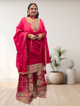 SRIIVA Women Pure Silk Kurta Sharara Dupatta Set (Rani Pink) - Thumbnail 2