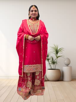 SRIIVA Women Pure Silk Kurta Sharara Dupatta Set (Rani Pink) - Thumbnail 5