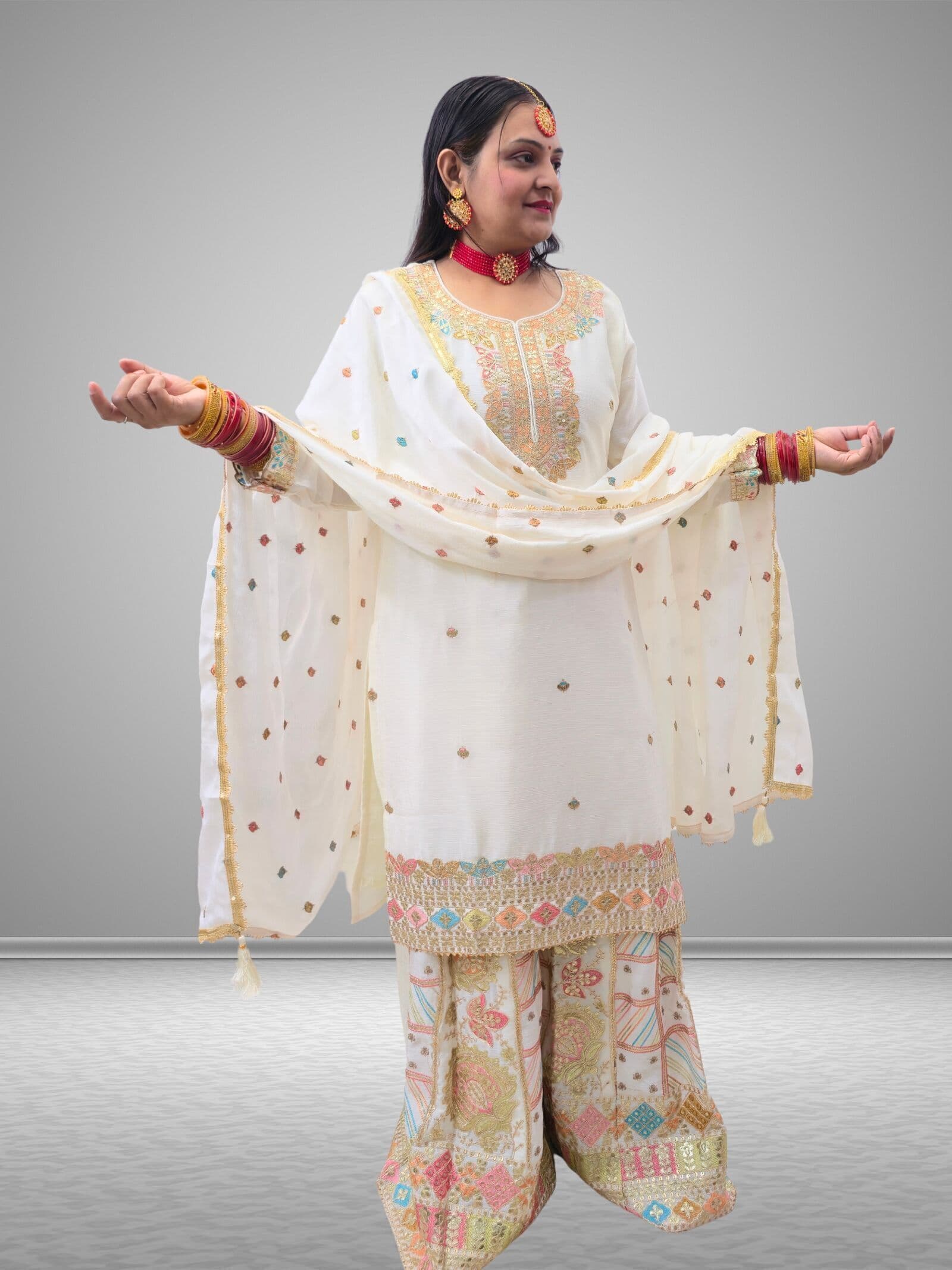 SRIIVA Women Pure Silk Kurta Sharara Dupatta Set (White)