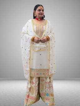 SRIIVA Women Pure Silk Kurta Sharara Dupatta Set (White) - Thumbnail 1