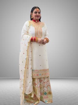 SRIIVA Women Pure Silk Kurta Sharara Dupatta Set (White) - Thumbnail 2