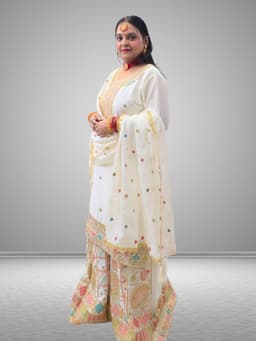 SRIIVA Women Pure Silk Kurta Sharara Dupatta Set (White) - Thumbnail 3