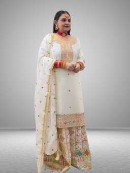SRIIVA Women Pure Silk Kurta Sharara Dupatta Set (White) - Thumbnail 4