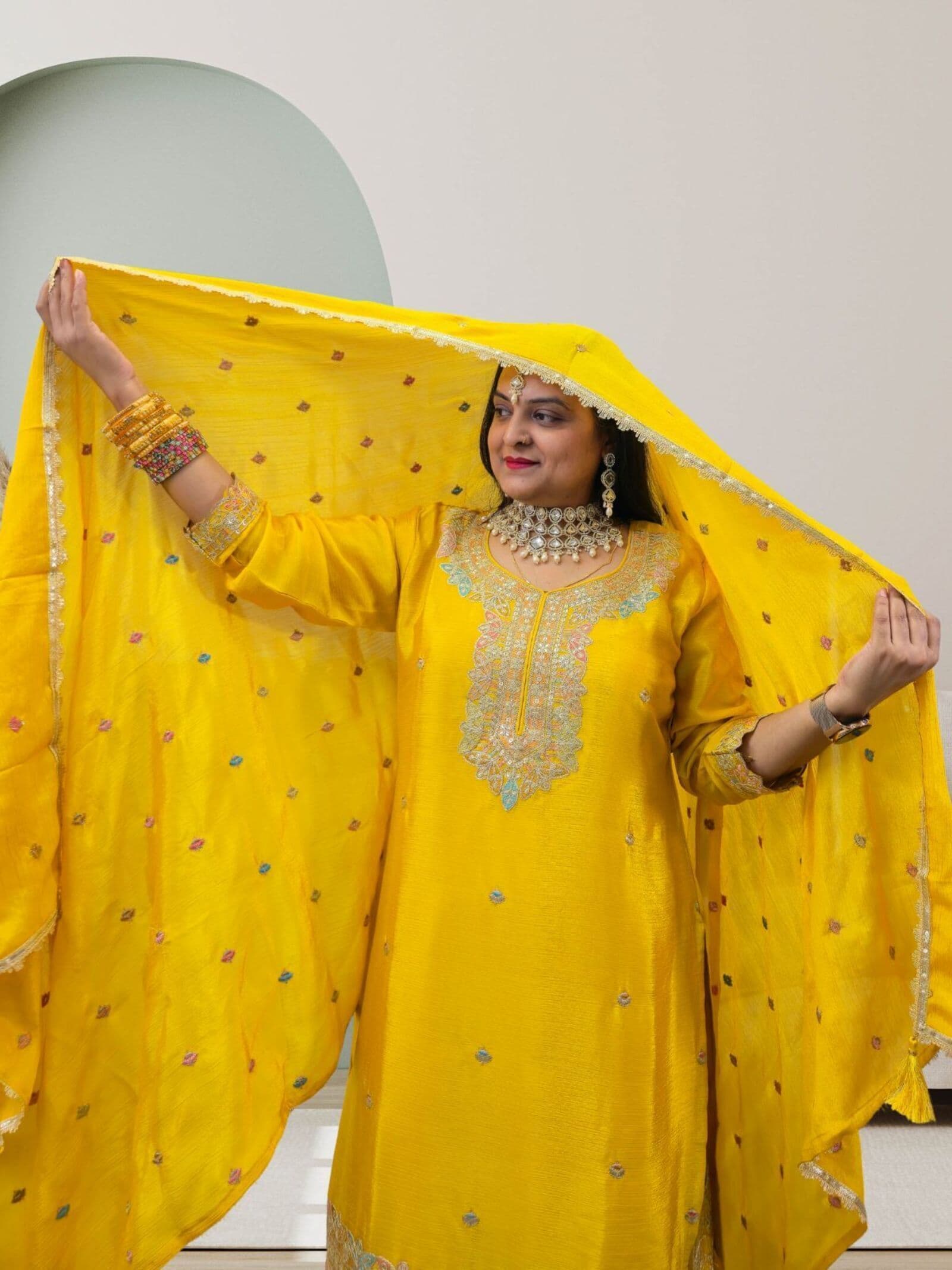 SRIIVA Women Pure Silk Kurta Sharara Dupatta Set