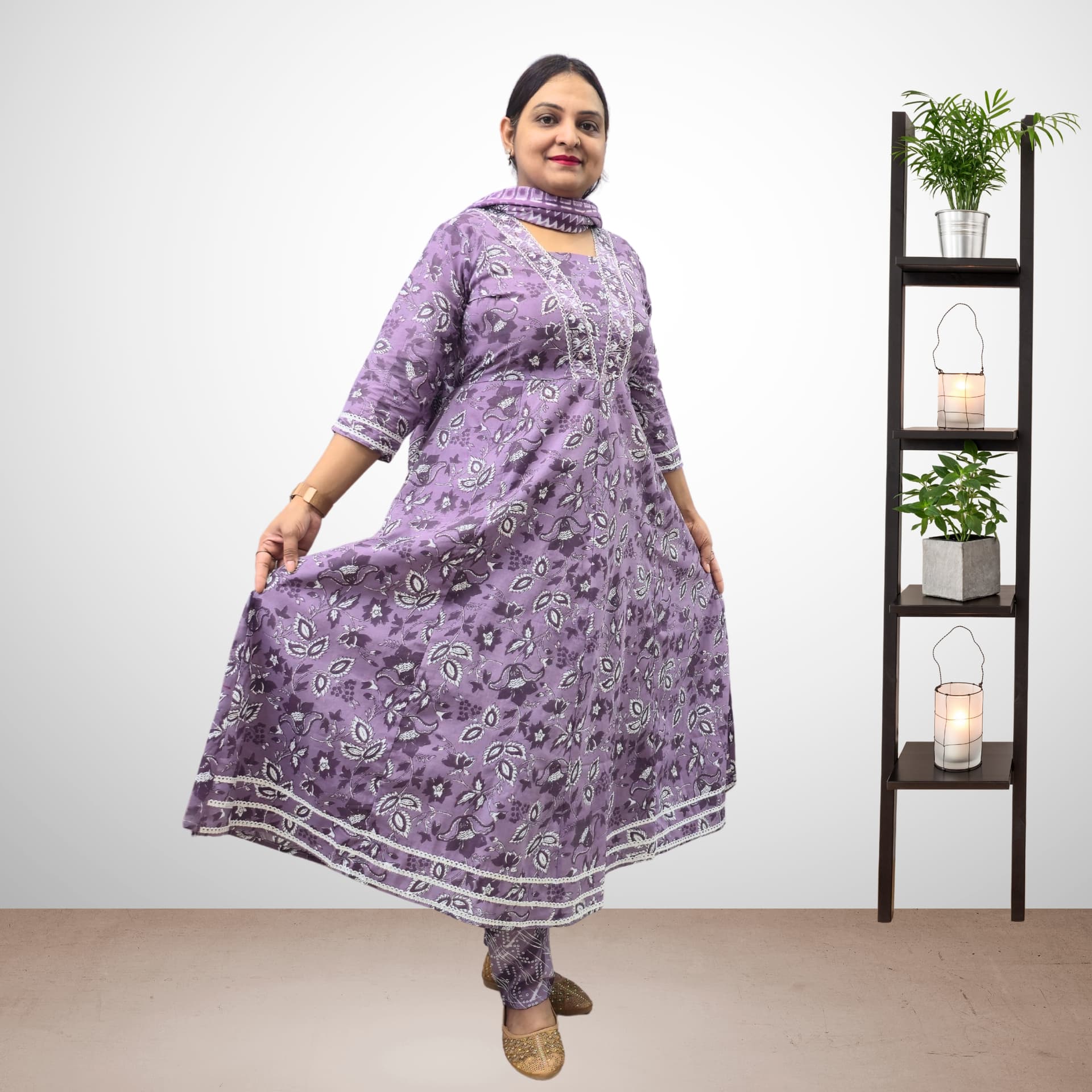 SRIIVA Women Pure Cotton Anarkali Kurta Pant Dupatta Set (Purple) - Main View