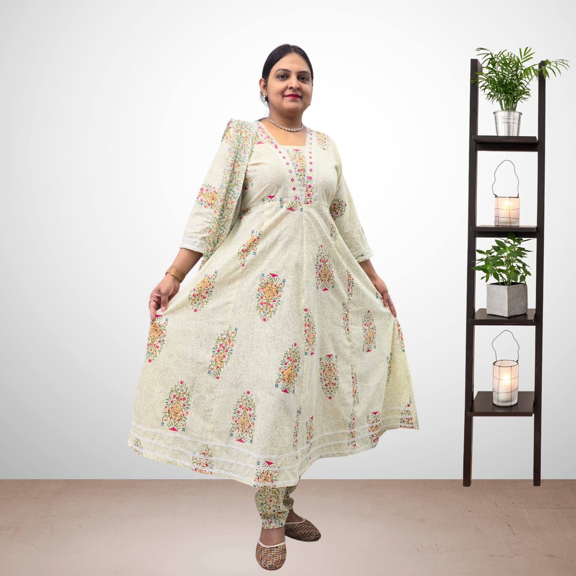 SRIIVA Women Pure Cotton Anarkali Kurta Pant Dupatta Set (White) - Main View