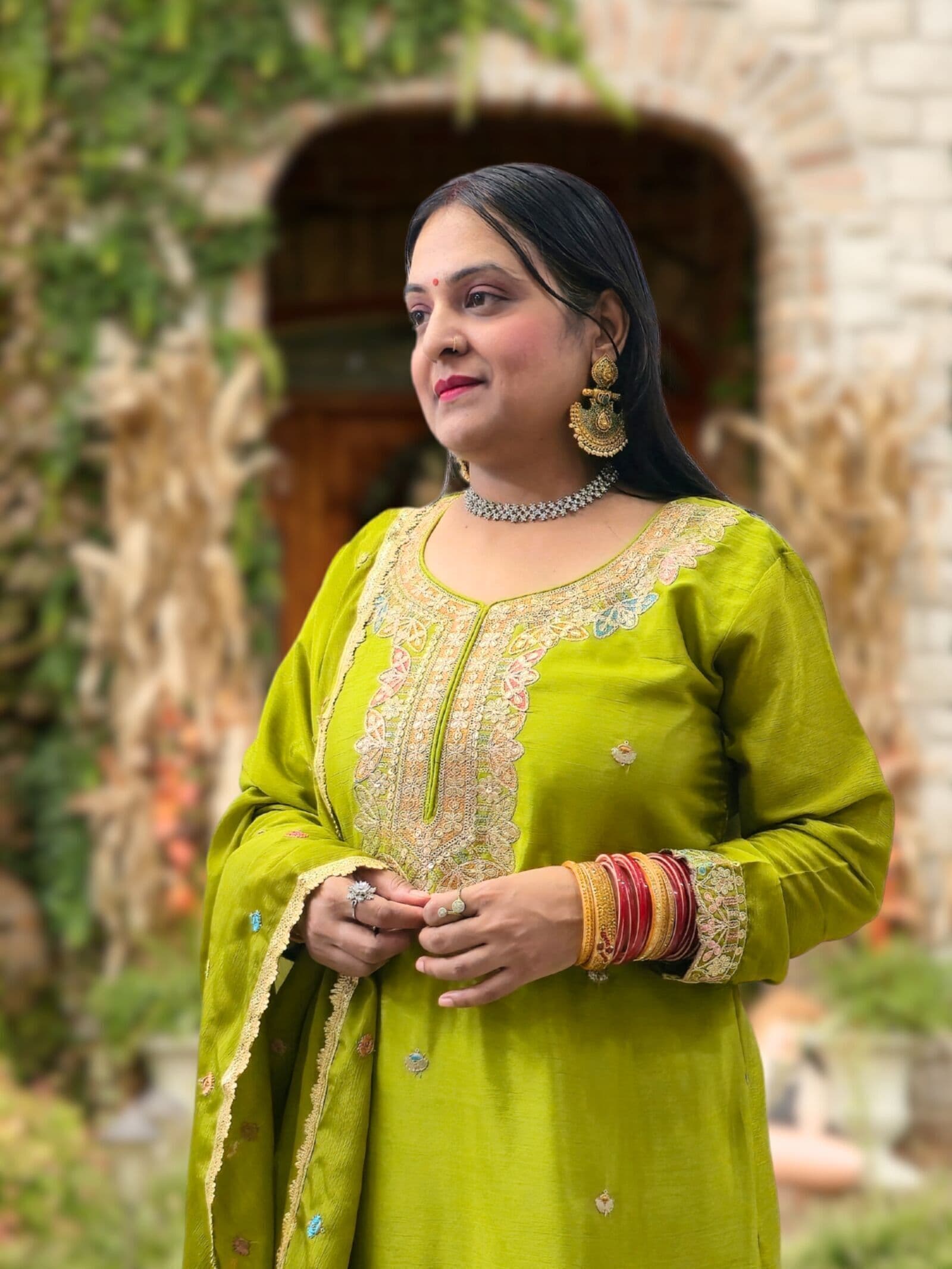 SRIIVA Women Pure Silk Kurta Sharara Dupatta Set (Apple Green) - Main View