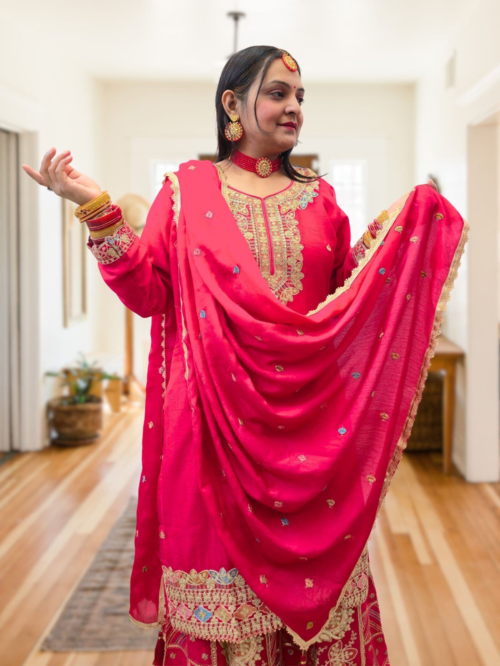 SRIIVA Women Pure Silk Kurta Sharara Dupatta Set (Rani Pink) - Main View